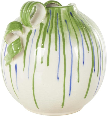 Deco 79 Ceramic Abstract Decorative Vase Centerpiece Vases with Green and Blue Drip Design and Handles, Flower Vases for Home Decoration 11" x 10" x 11", White