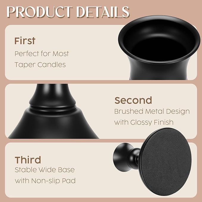 24PCS Brass Black Taper Candle Holders Set, Vintage Metal Candlestick Holders for Table Centerpiece, Wedding Reception, Festive Christmas Mantel Decoration or Home Decor