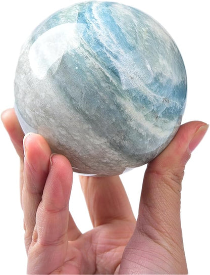 JIC Gem Natural Trolleite Crystal Ball Sphere Blue Healing Crystal Gemstone Ball with Display Stand Home Decor Meditation Grid Energy Balance (70-80mm)
