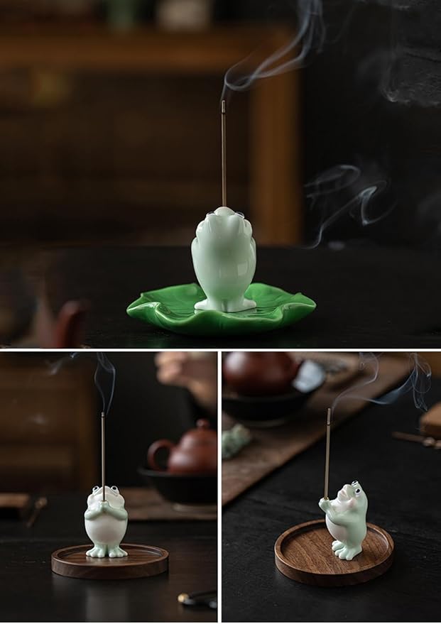 Frog Incense Holder for Sticks, Ceramic Incense Holder Cute Frog Figurines Incense Stick Holder, Insence-Sticks Burner Incense Burner Holder for Yoga Meditation Home Office Decor (without Ash Catcher)