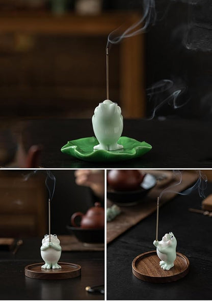 Frog Incense Holder for Sticks, Ceramic Incense Holder Cute Frog Figurines Incense Stick Holder, Insence-Sticks Burner Incense Burner Holder for Yoga Meditation Home Office Decor (without Ash Catcher)