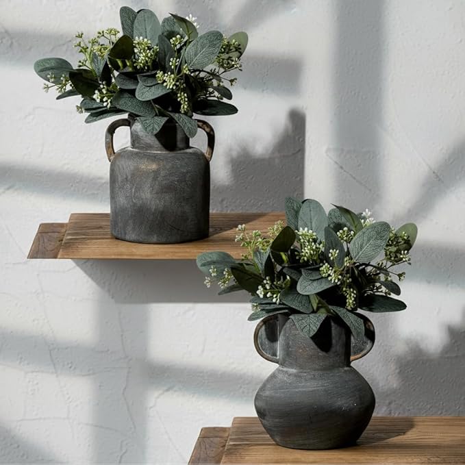 Antique Ceramic Vase with 2 Handles, 6.1 Inch Farmhouse Rustic Vase, Small Decorative Pottery Flower Vases for Home Decor, Wedding, Living Room, Table, Shelf Decor, Black Bronze
