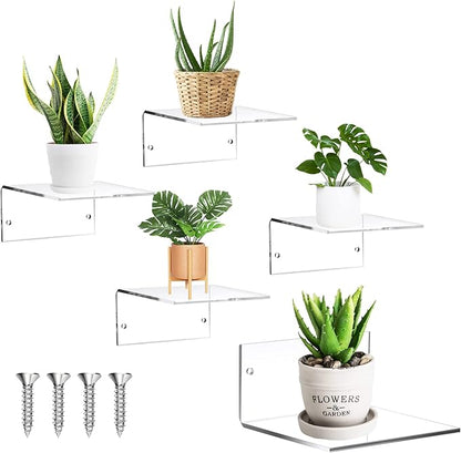 Yalikop 5 Pieces Small Floating Shelves for Wall 4'' Acrylic Mini Wall Shelf Acrylic Display Shelf Clear Hanging Shelves Room Decor for Bedroom, Bathroom, Living Room, Office