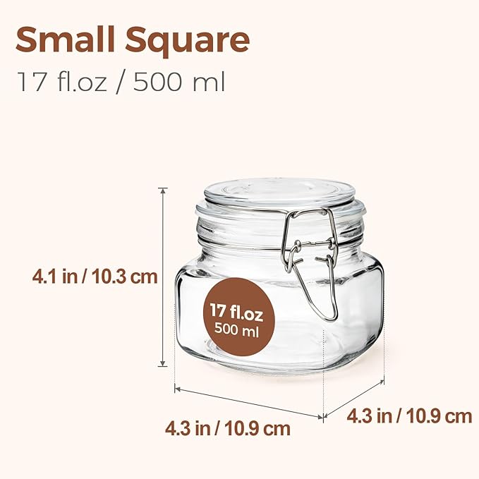 ComSaf 6 Pack 17 oz Glass Jars with Lid, Food Grade Glass Food Storage Containers with Labels Square Glass Food Storage Jars with Airtight lids, Air tight Jars for Pantry Storage & Pickling