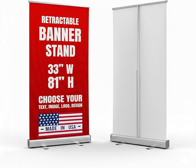 Custom Retractable Banner with Stand (33”x81”) by BCB Print | Personalized Roll-Up Banner for Advertising & Trade Shows | HD Printed Vertical Pull Up | Express Dispatch & Ship | Made in USA