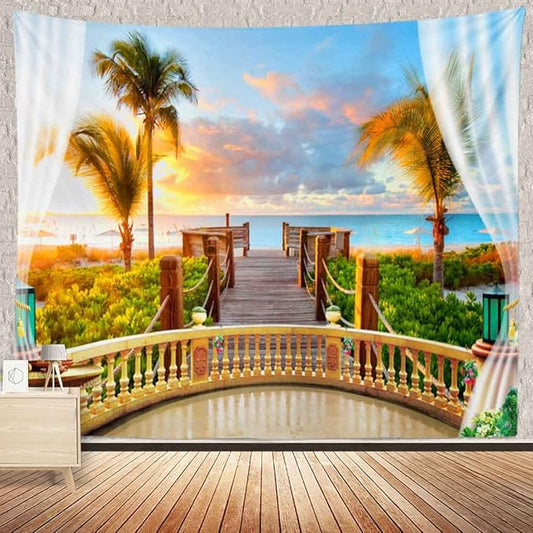 BULOR 80x60inch Tropical Balcony Sea Beach View Tapestry Seaside Wood Bridge Sunset Sunshine Curtain Wall Hangings Tapestry for Meditation Bedroom Living Room Dorm Man Cave Video Recording Background