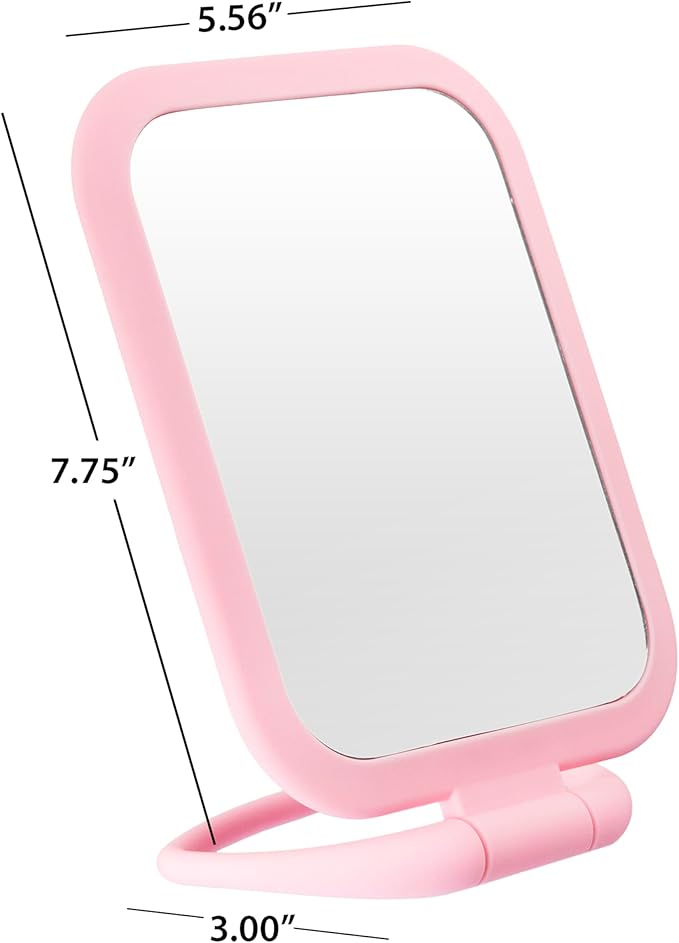 EXPRESSIONS Premium Soft Touch Rectangle Pink Vanity Mirror with 1x 2X Magnification, Rotating Handheld Tabletop Makeup Small Desk Travel