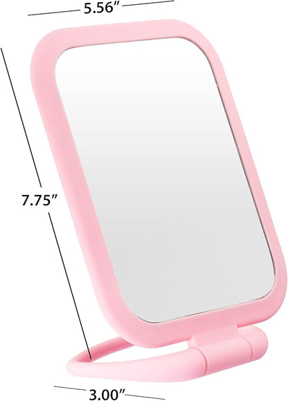 EXPRESSIONS Premium Soft Touch Rectangle Pink Vanity Mirror with 1x 2X Magnification, Rotating Handheld Tabletop Makeup Small Desk Travel