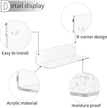 Sezanrpt 12 Inches Clear Wall Shelves, Moisture-Proof, Acrylic Bathroom Wall Shelves, Clear Floating Shelves for Bathroom, Bedroom, Living Room, Retail, 2 Pack