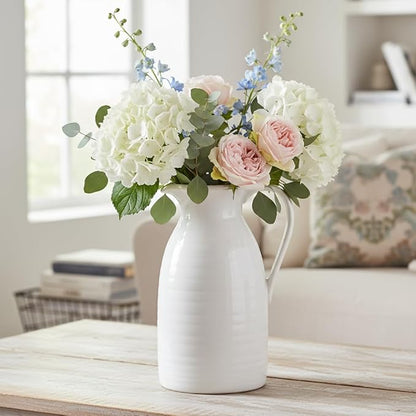 hjn Farmhouse Pitcher Vase for Flowers- Ceramic Pitcher White Flower Vase for Your Kitchen/Home Decor/Office/Living Room/Bookshelf/Mantel/-White