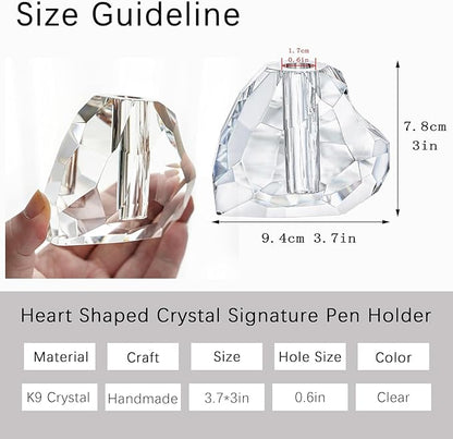 QFkris Crystal Heart Shaped Single Pen Holder for Desk, 3.5" Fancy Fountain Pen Stand, Glass Feather Pencil Holder for Office Desktop Decoration, Gift for Man Woman Students Teachers Father Boyfriend