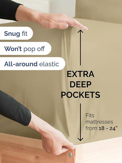 Extra Deep Full Sheet Set - 6 Piece Breathable and Cooling Sheets - Hotel Luxury Bed Sheets Set - Easy & Secure Fit - Soft, Wrinkle Free and Comfy Sheets Set - Beige Sheet Set with Extra Deep Pockets