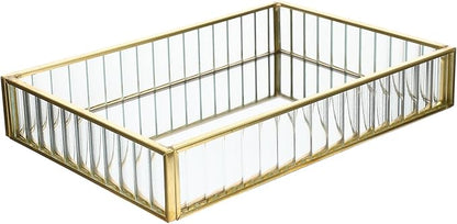 Alloy Frame Glass Jewelry Storage Tray Small Striped Mirror Surface Organizer for Earrings Lipstick Perfume Decorative Dish for Home Vanity and Desktop Tidying