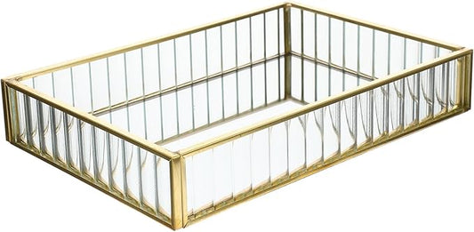 Alloy Frame Glass Jewelry Storage Tray Small Striped Mirror Surface Organizer for Earrings Lipstick Perfume Decorative Dish for Home Vanity and Desktop Tidying