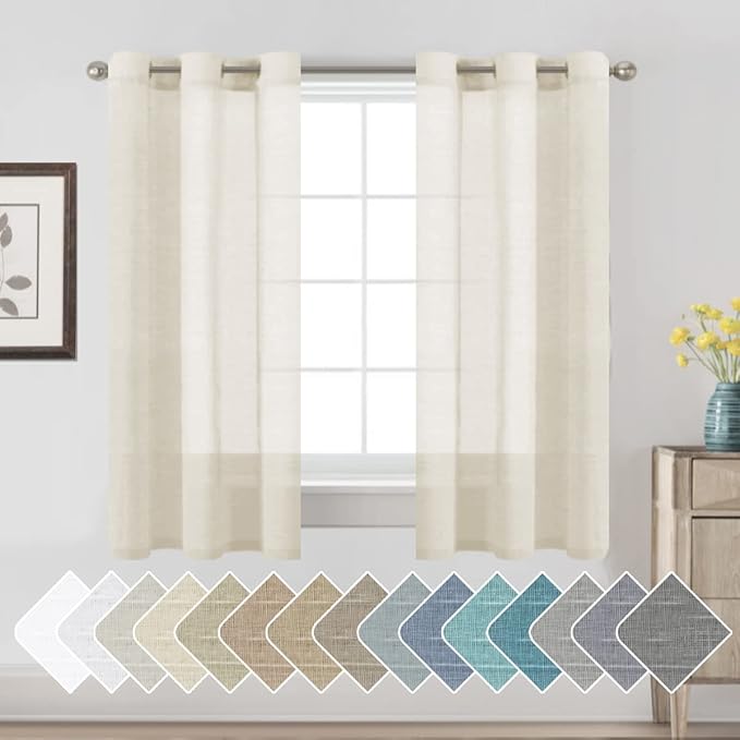 H.VERSAILTEX Linen Curtains Nickel Grommet Natural Linen Semi-Sheer Curtains 2 Panels Privacy Added Premium Soft Rich Material Drapes for Bedroom/Living Room - 37x63 - Inch - Ivory