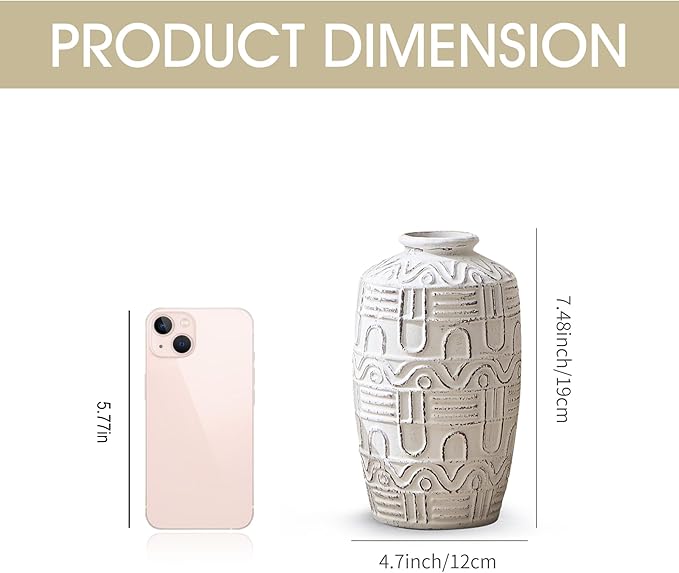 Large White Ceramic Vase - 7.5" H Embossed Decorative Vases for Home Decor, Modern Boho Rustic Table Centerpieces for Living Room, Dining Room, Shelf, Mantel, Office