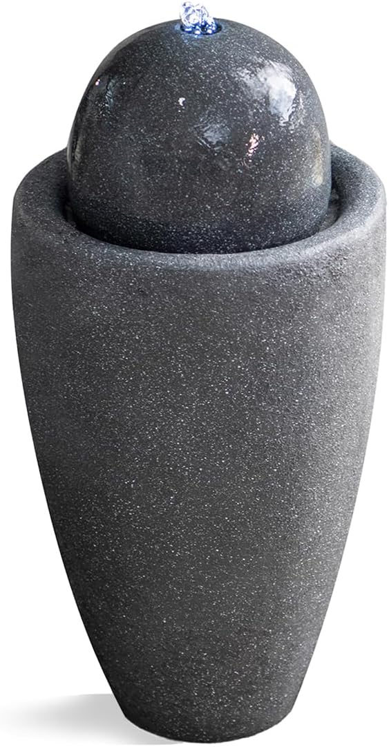 XBrand 26" Modern Sphere Water Fountain with LED Light – Indoor Outdoor Stone Texture Floor Fountain, Zen Bubbling Ball Water Feature for Garden Patio Porch - Gray
