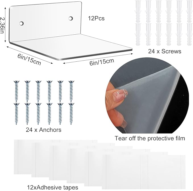 Wenqik Acrylic Floating Shelves for Wall 6 x 6 Inch Display Wall Shelf Clear Hanging Shelves with Adhesive Tape and Screw for Bathroom Bedroom Living Room Office Storage Decoration(12 Packs)