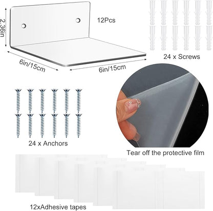 Wenqik Acrylic Floating Shelves for Wall 6 x 6 Inch Display Wall Shelf Clear Hanging Shelves with Adhesive Tape and Screw for Bathroom Bedroom Living Room Office Storage Decoration(12 Packs)