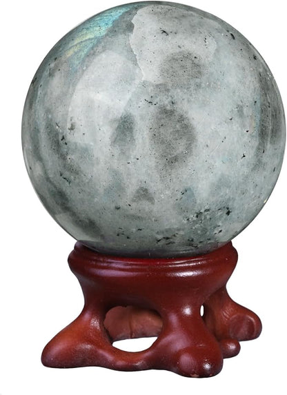 SUNYIK Natural Labradorite Ball Sphere with Resin Stand Polished Crystal Sphere Stone Figurine Decor for Home Office Tabletop, 1.6-1.9"(41-50mm)
