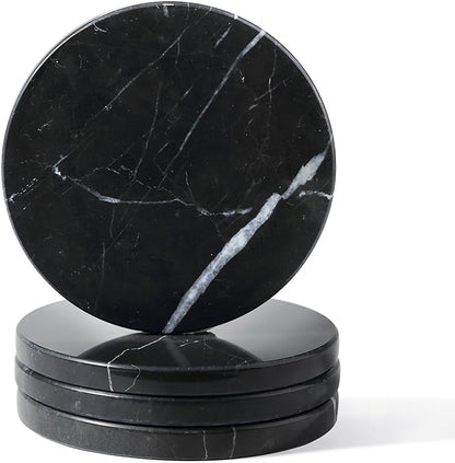 Koville Marble Coaster Set of 4, Round Coasters, 4" Stone Coaster for Drinks Coffee, White Marble Coasters for Coffee Table Home Bar Decor, Heat Resistant, Gift Choice(Black)