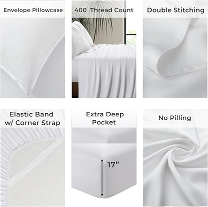 Luxury Bamboo Market | King Size Bed Sheet Set | 100% Viscose Made from Bamboo | Organically Grown | Ultra Soft | Cooling Sheets for Hot Sleepers | 17" Deep Pocket [Classic White]