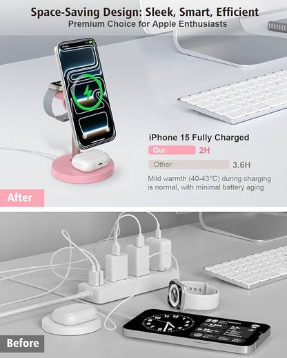 3 in 1 Wireless Charging Station for Apple, 15W Fast Magnetic Charger Stand Wireless Nightstand for Bedrooms, iPhone 17 16 15 14 13 12 Series, Apple Watch, Airpods, Women Gifts (No AC Adapter) Pink