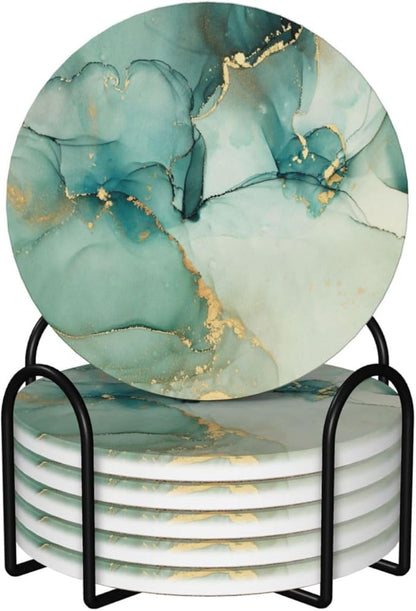 6 Pcs Ceramic Coasters with Holder Absorbent Drink Round Blue Green Jade Texture Marble with Golden Design for Home Table Coffee Cup Wine Beer Bar,Size 4.4 inches