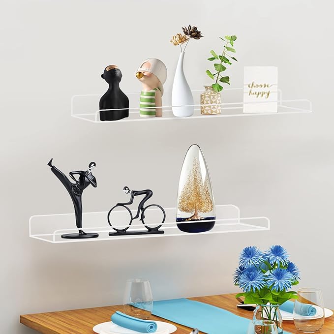 Weiai Clear Acrylic Floating Shelves 24 inches, Wall Bookshelf for Kids, Transparent Book Shelf Ledge for Wall, Set of 3