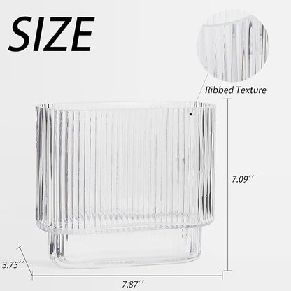 Ribbed Vase, Fluted Glass Vase for Flowers, Clear Flower Vases for Tulips, Modern Vases for Living Room, Dining Table, Office, Bedroom, Mantle, Shelf, Wedding, 7 Inch