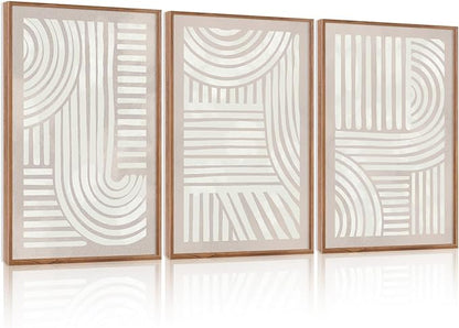 Large Abstract Neutral Geometric Framed Canvas Wall Art,Boho Minimalist Shapes Wall Decor,Modern Lines Artwork,Mid Century Arch Art Print for Living Room,Bedroom,Office- 24"x36"x3