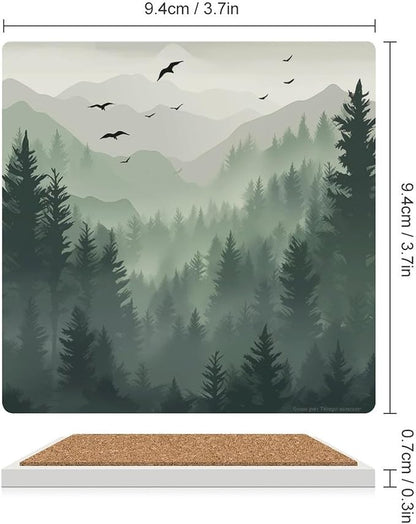 Forest Drink Coasters,Square Ceramic Drink Coaster 6PCS, Watercolor Green Forest Flying Birds Nature Mountain Tree Woodland Decor Absorbent Ceramic Coasters for Beverage Cup, Bar, Coffee Table