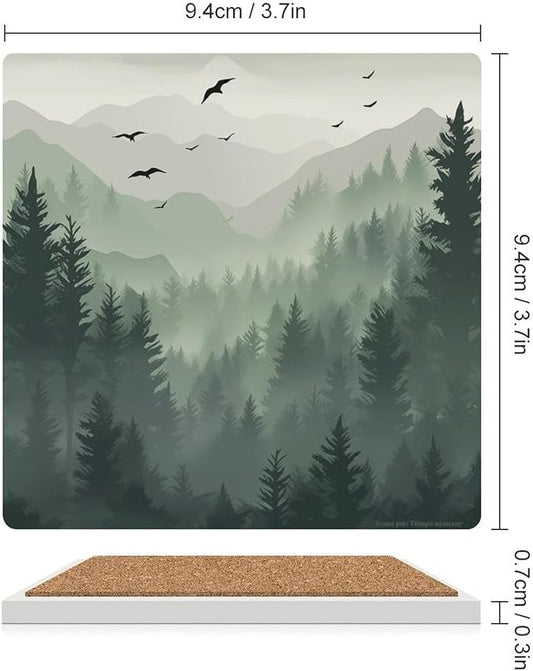 Forest Drink Coasters,Square Ceramic Drink Coaster 6PCS, Watercolor Green Forest Flying Birds Nature Mountain Tree Woodland Decor Absorbent Ceramic Coasters for Beverage Cup, Bar, Coffee Table