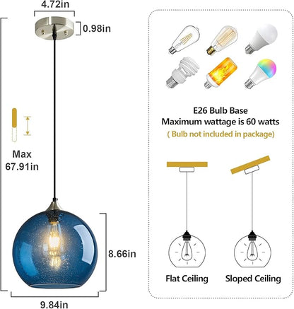 Blue Glass Pendant Lights Kitchen Island Lighting Globe Pendant Light Fixtures Modern Pendant Lighting for Kitchen Island Bedroom Living Dining Room Light Fixture(9.84in, 2-Pack)