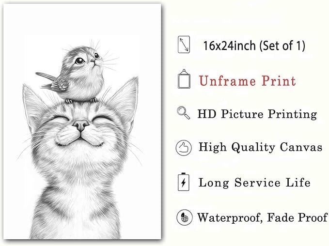 Sketch Bird Wall Art Cute Cat Poster Black And White Sketch Wall Art Black And White Cat Minimalist Animal Print Pets Painting Farmhouse Bird Pictures Animal Poster Living Room Decor 16x24in No Frame