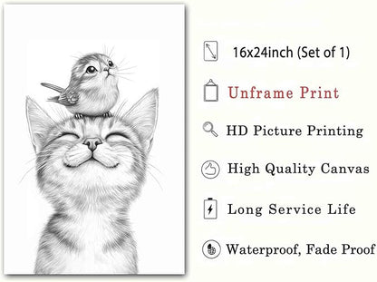 Sketch Bird Wall Art Cute Cat Poster Black And White Sketch Wall Art Black And White Cat Minimalist Animal Print Pets Painting Farmhouse Bird Pictures Animal Poster Living Room Decor 16x24in No Frame