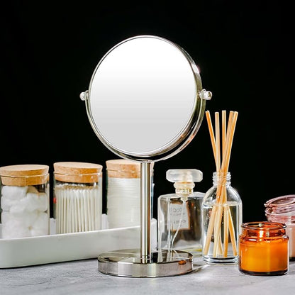OVENTE 6'' Tabletop Makeup Mirror with 1X/7X Magnification, 360° Swivel Design, Double-Sided Free-Standing Vanity Mirror Perfect for Dresser, Bedroom and Office Desk, Nickel Brushed MNLT60BR1X7X