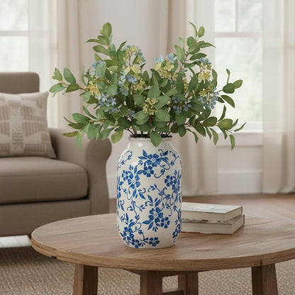 Blue and White Ceramic Vase for Flowers,9 inch Rustic Vintage Chinoiserie Vases Home Decor, Farmhouse Decor, Shelf, Living Room, Bedroom, Table Decoration