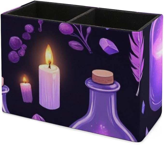 Leather Table Pen Organizer Pencil Pen Holder Office Home Desk Organize Gothic Magic Witch Witchy Trippy Purple Mushrooms