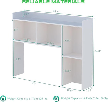 Wooden Desktop Hutch Bookshelf - Free Standing Desk Storage Shelf with Top Edge for Computer Desk, Desktop Bookcase for Dorm, Home or Office, Countertop Organizer, White, 45.3"