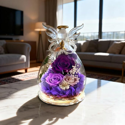 Purple Rose Valentines Day Gifts for Her Birthday Gifts for Women, Forever Rose in Glass Flowers for Delivery, Preserved Rose Angel Figurine for Mom Grandma, Mother’s Day Birthday Gifts