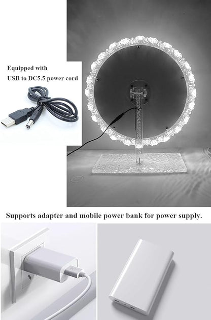 Crystal LED Vanity Mirror with Touch Control 3 Color Lights, Dimming 360° Rotation Desktop Elegant Decorative Hollywood HD Makeup Mirror