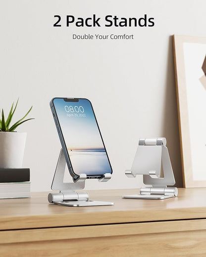 Nulaxy 2 Pack Dual Folding Cell Phone Stand, Fully Adjustable Foldable Desktop Phone Holder Cradle Dock Compatible with iPhone 17 16 15 14 13 12 Pro Max Xs Xr, All Phones, Silver
