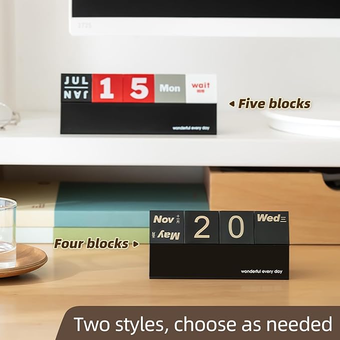 Block Calendar for Desk, Daily Desktop Perpetual Desk Calendar, Cute Date Display Blocks Desk Accessory for Home Office Decor, Teacher, Classroom, Reusable Yearly (Black, No phone holder)