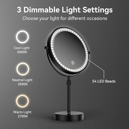 Nicesail LED Lighted Makeup Mirror Tabletop, 10X Magnifying Mirror with 3 Color Lights, Brightness Adjustable Height Adjustable, 15''~19'' Double Sided Touch Switch Desk Mirror, Black(8 Inch, 10X)