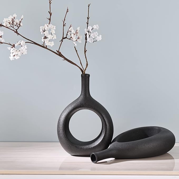 Black Ceramic Hollow Elliptical Vase Set of 2 - Boho Circle Vase with Hole, for Modern Black Table Decor, Living Room Decor Shelf mid Century Modern Home Entrance Decorative vase