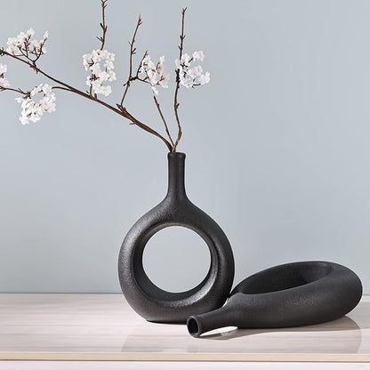 Black Ceramic Hollow Elliptical Vase Set of 2 - Boho Circle Vase with Hole, for Modern Black Table Decor, Living Room Decor Shelf mid Century Modern Home Entrance Decorative vase