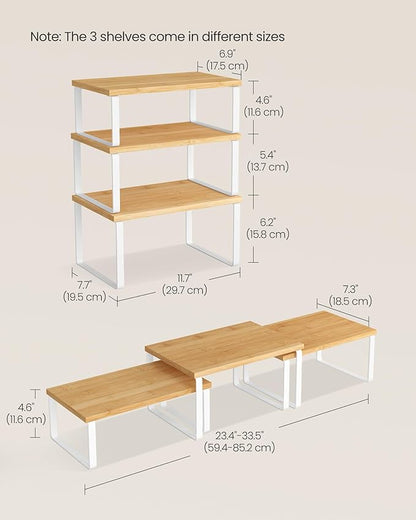 SONGMICS Cabinet Organizer Shelf, Set of 3 Kitchen Counter Shelves, Kitchen Storage, Spice Rack, Stackable, Expandable, Cloud White and Natural Beige UKCS014YL02