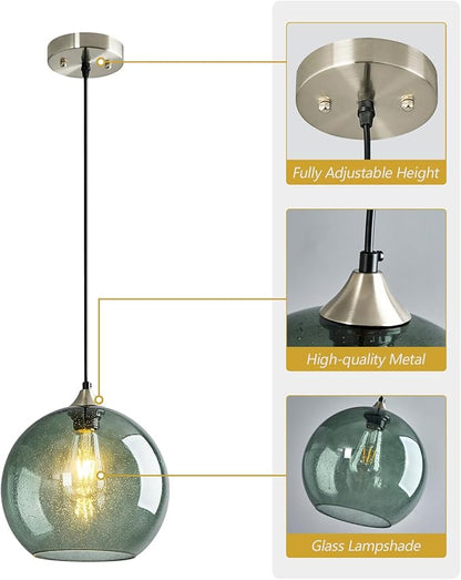 Gray Green Glass Pendant Lights Kitchen Island Lighting Globe Pendant Light Fixtures Modern Pendant Lighting for Kitchen Island Bedroom Living Dining Room Light Fixture(9.84in, 3-Pack)