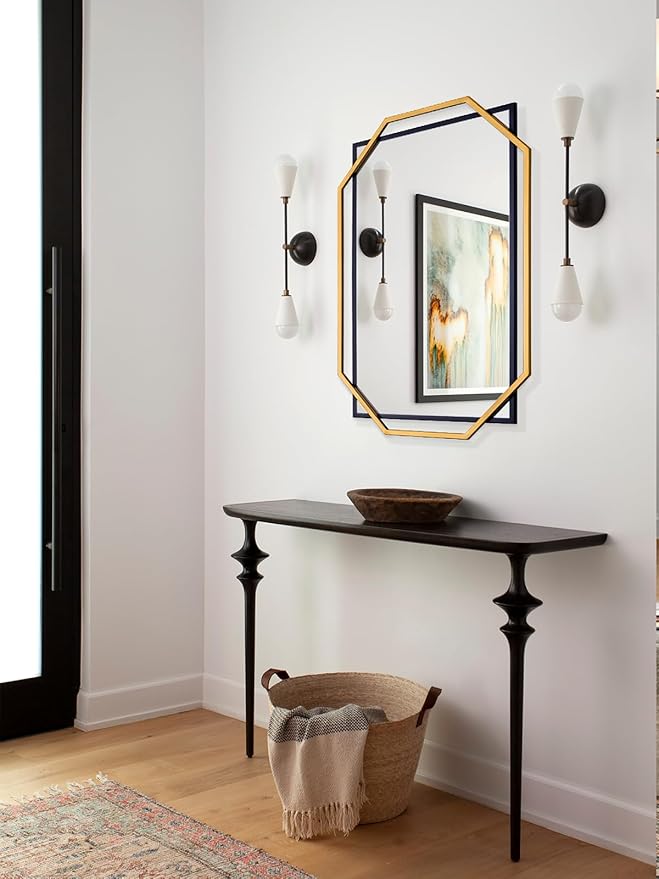Modern Bathroom Mirror, 36" x 24" Black and Gold Decorative Wall Mirror with Modern Octagonal Metal Frame, for Living Room, Dining Room, Entryway